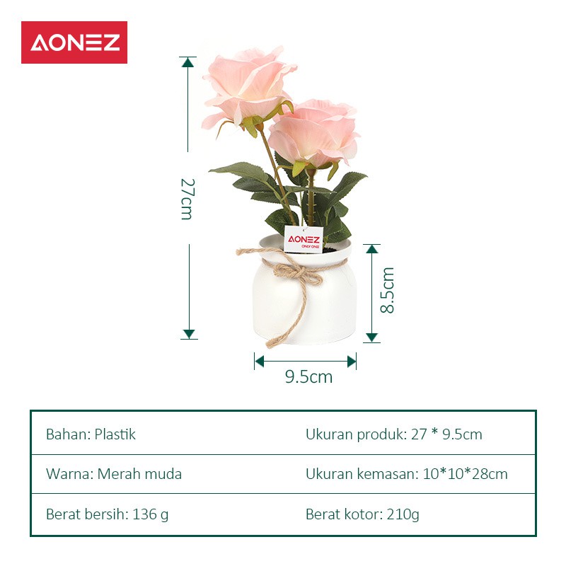 Aonez Bunga simulasi mawar pot bunga plastik Bunga buatan bunga hias tanaman-6