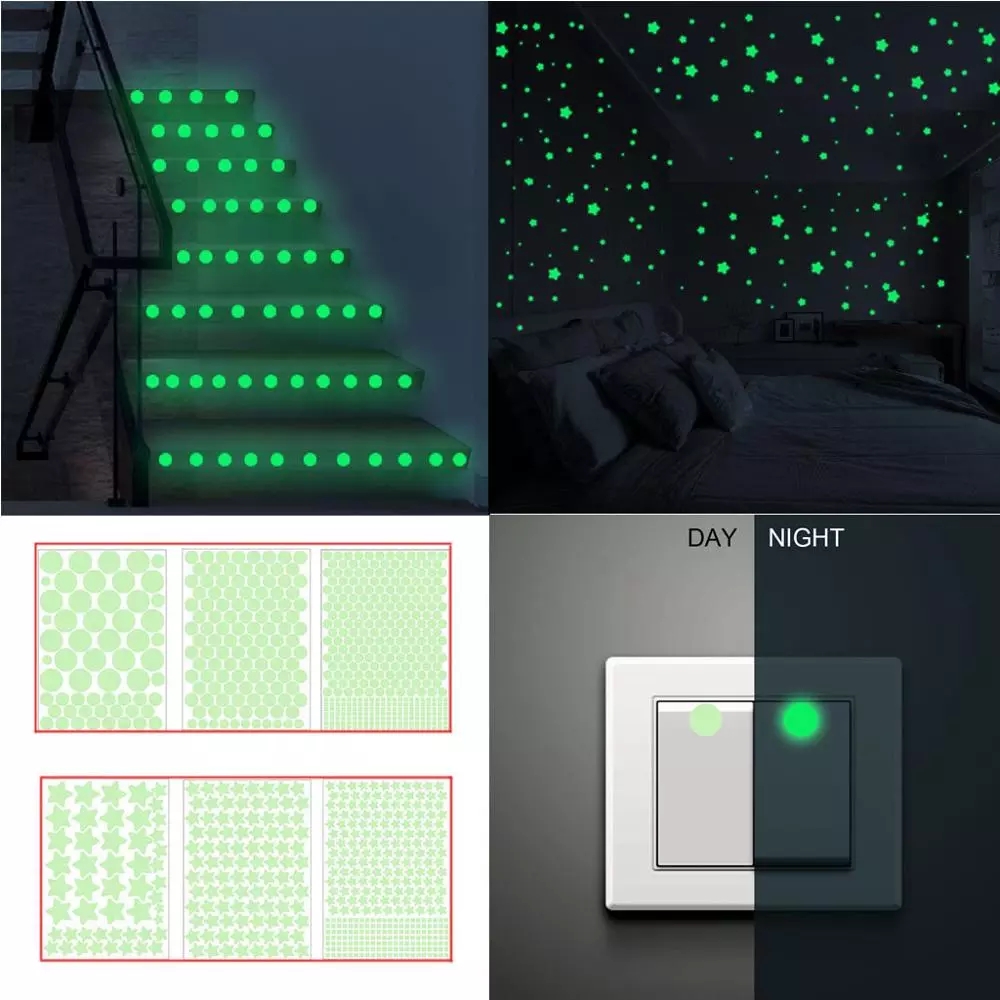 407 pcs / set Stiker Dinding Bentuk Bulat Glow in the Dark Untuk Dekorasi Kamar Tidur