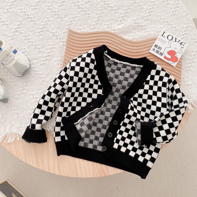 Cardigan Catur Rajut Anak Perempuan 1-5 tahun Premium Import / Kardigan Bayi Catur Hitam Putih