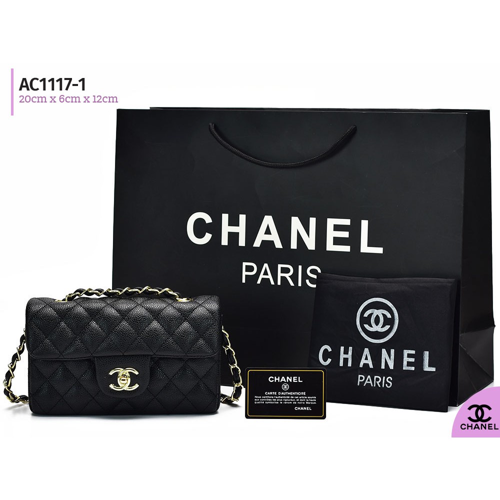 Tas Chanel Mini Flap Rectangular Caviar Hitam Logam Gold Semprem AC1117-1