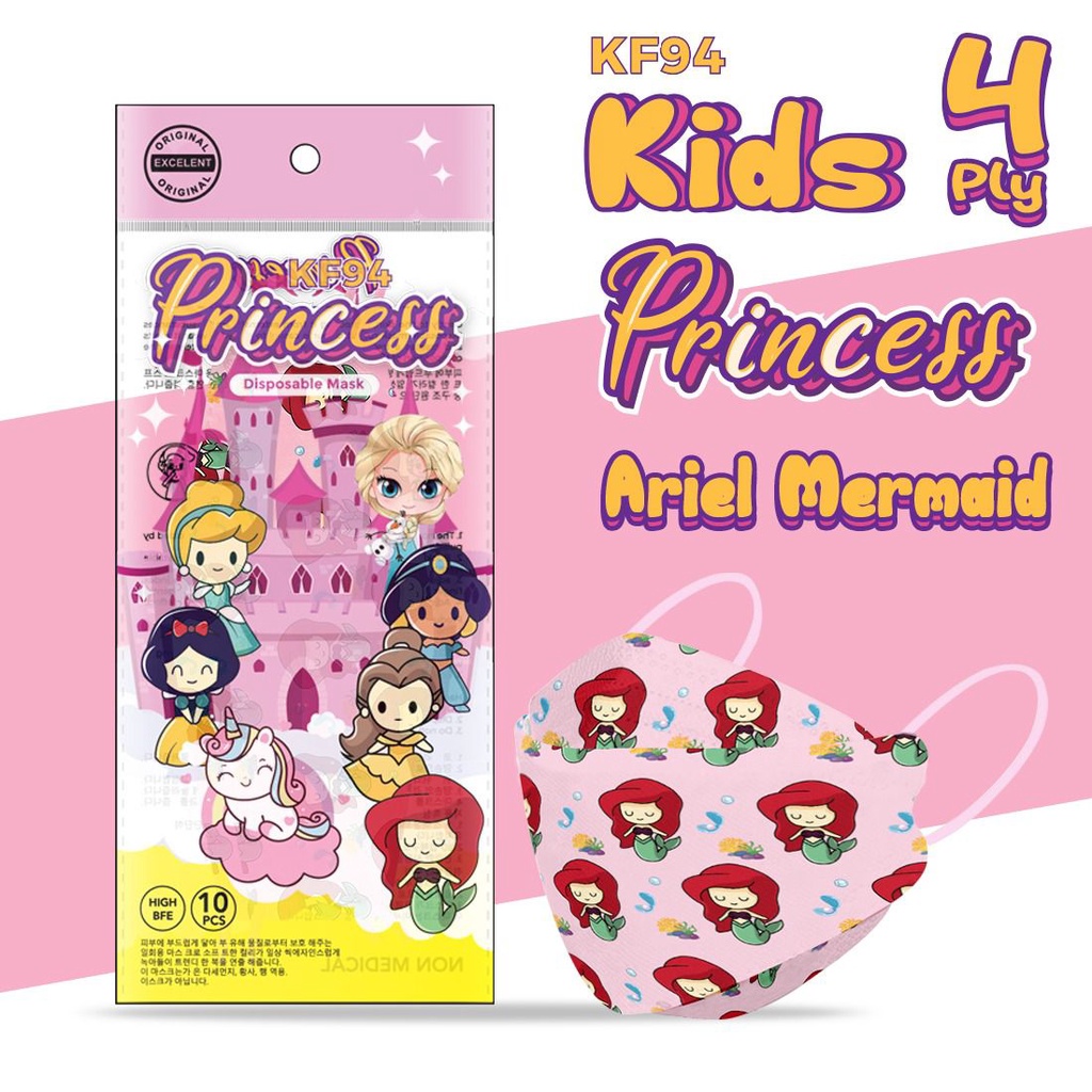 Masker KF94 Anak Princess Elsa Frozen Snow White Cinderella Mermaid Jasmine Unicorn Kids isi 10Pcs