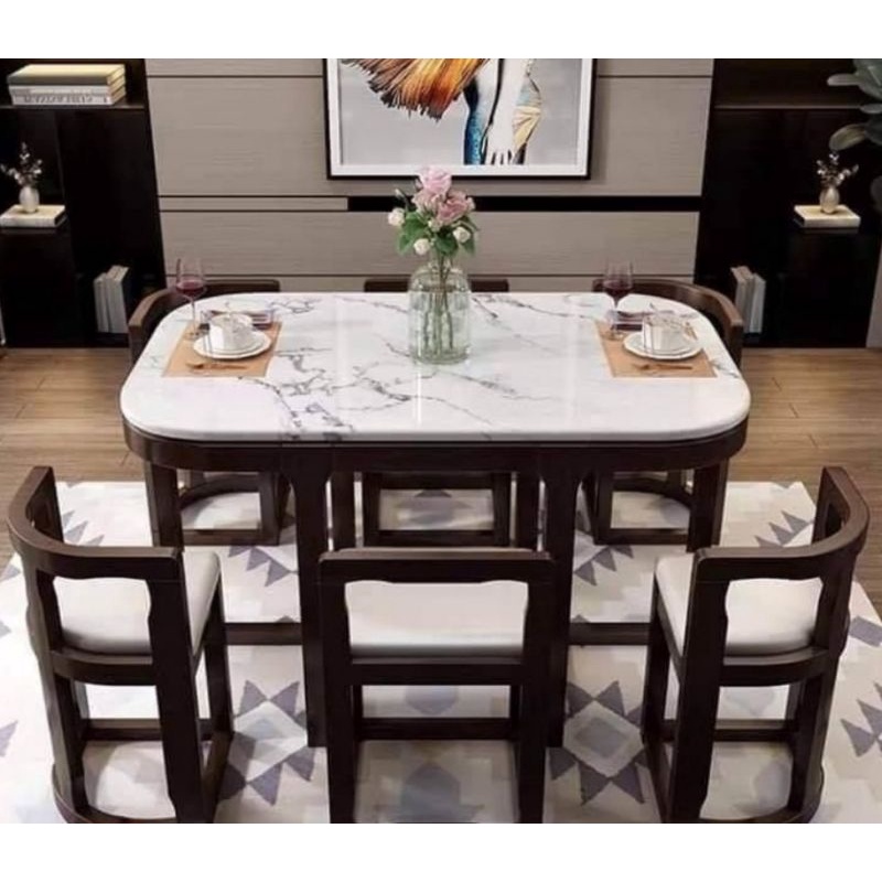 MEJA MAKAN OVAL 6 KURSI KAYU JATI MOTIF MARMER