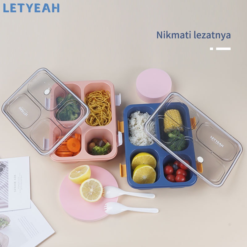 letyeah Lunch box 4 grid 1250ml/ Kotak makan anti tumpah/ Free sendok