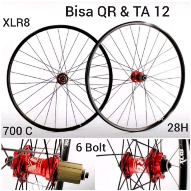 Wheelset XLR8 Hitam Merah 700c Roadbike Discbrake Bisa TA 12 &amp; QR Wheelset Road Bike DiscBrake Balap