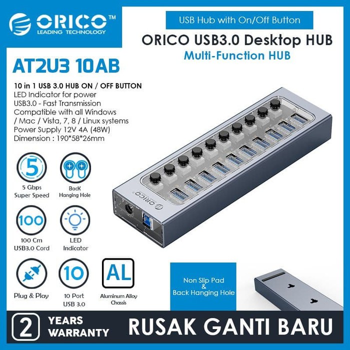 Usb 3.0 hub Orico 10 port on off switch 1m cable aluminum Adapter at2u3-10ab - Terminal usb3.0 10 slot saklar adaptor 100cm