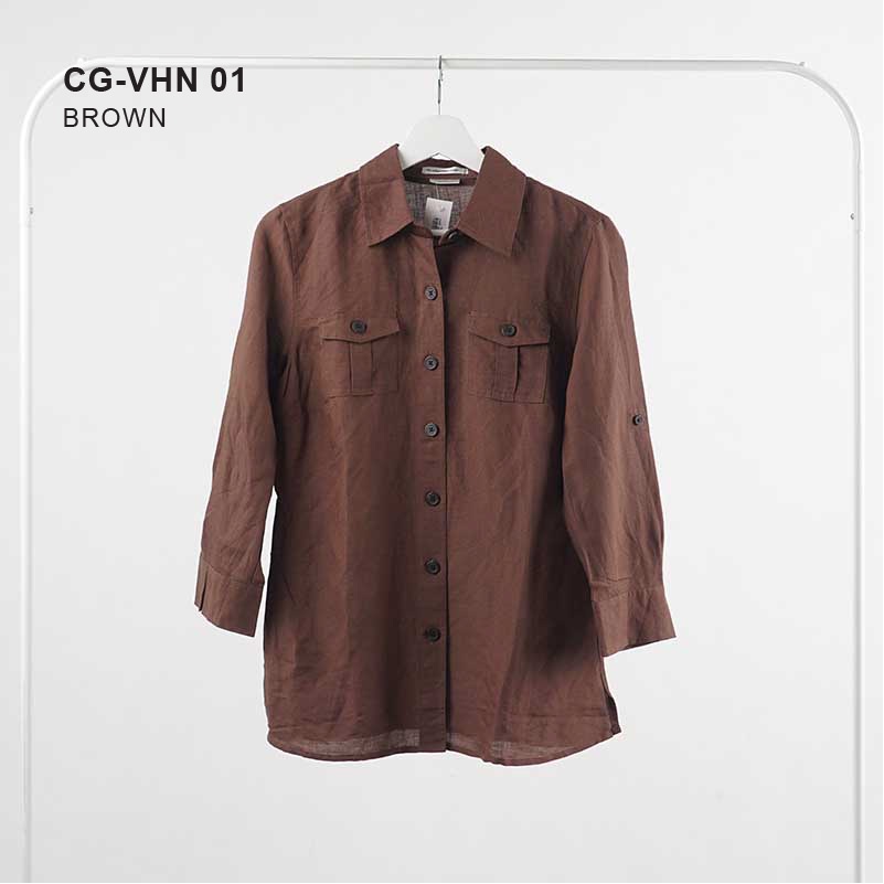 Kemeja Wanita Linen Quarter Sleeve Full Kancing Ada Kantong Depan-1