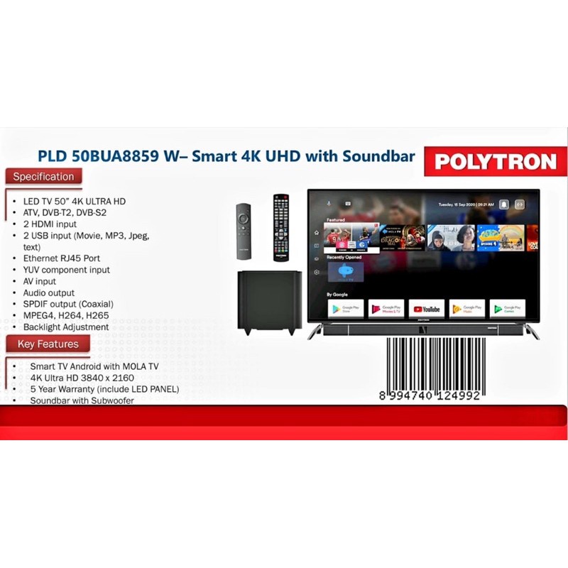 DIGITAL LED TV POLYTRON 50BUA8859 50 INCH SMART TV SOUNDBAR UHD 4K