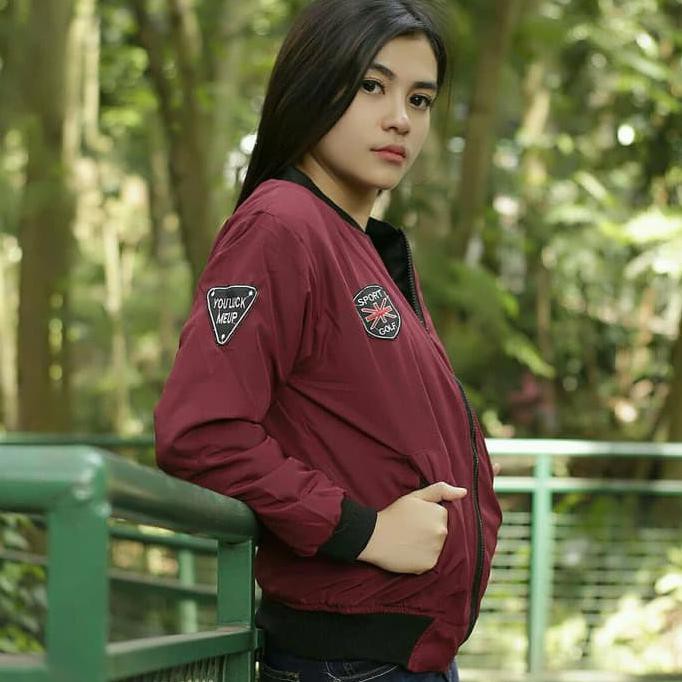 Top Terlariis Jaket Bomber Wanita Bomber Bordir Maroon