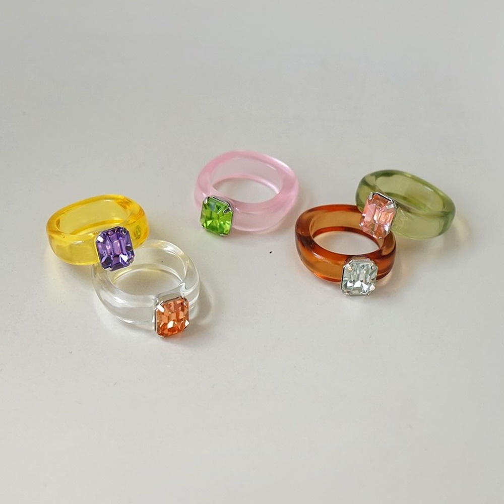 Korea Cute Design Colored Gemstone Diamond Resin Ring for Women Personality Geometric Acrylic Rings