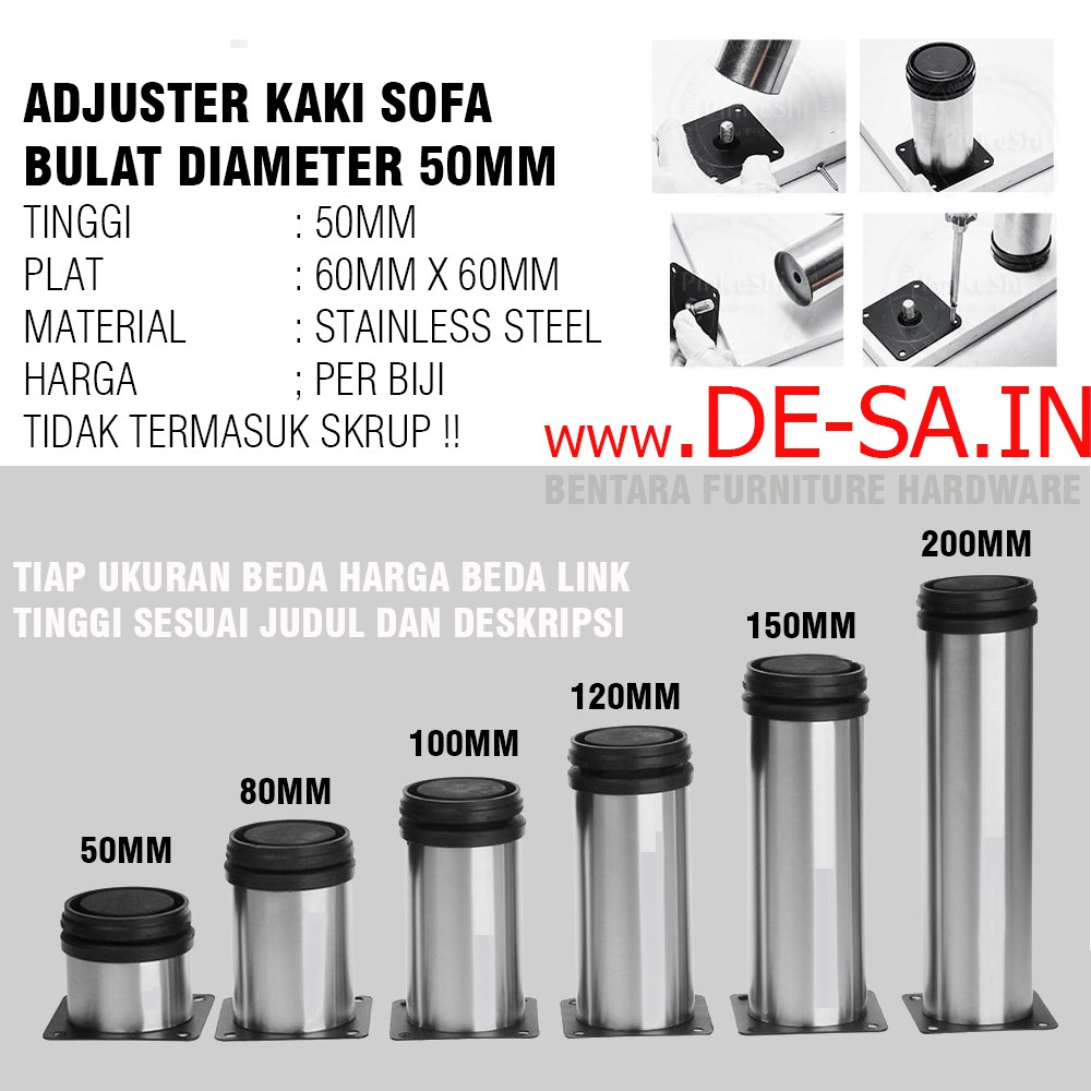 5 CM Kaki Meja Sofa 50MM - Silinder Bundar 50MM High Quality Adjustable Stainless Steel Table Leg (Tinggi 5CM = 50 MM)