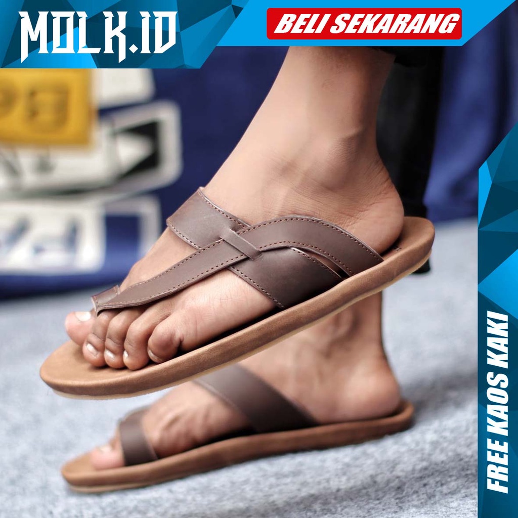 MOLK|Sandal Kulit Pria Asli Original Distro Murah Hitam Coklat Casual Santai Fashion Trendy Laki Laki