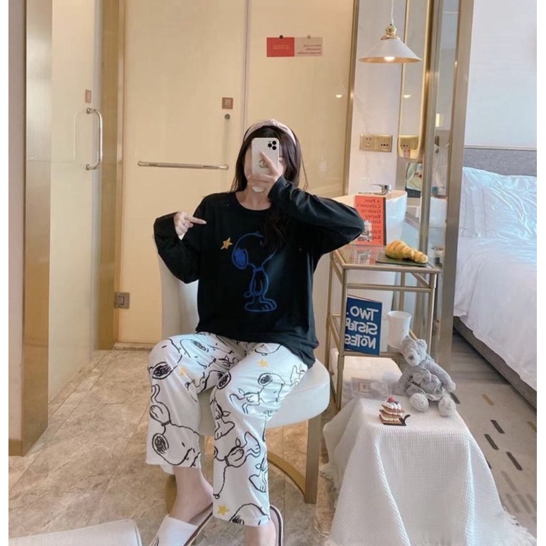 JC- Stelan Import Oversize Premium PP / Stelan piyama import Panjang  / piyama Korea Bigsize Import-Snopy Star Black PP