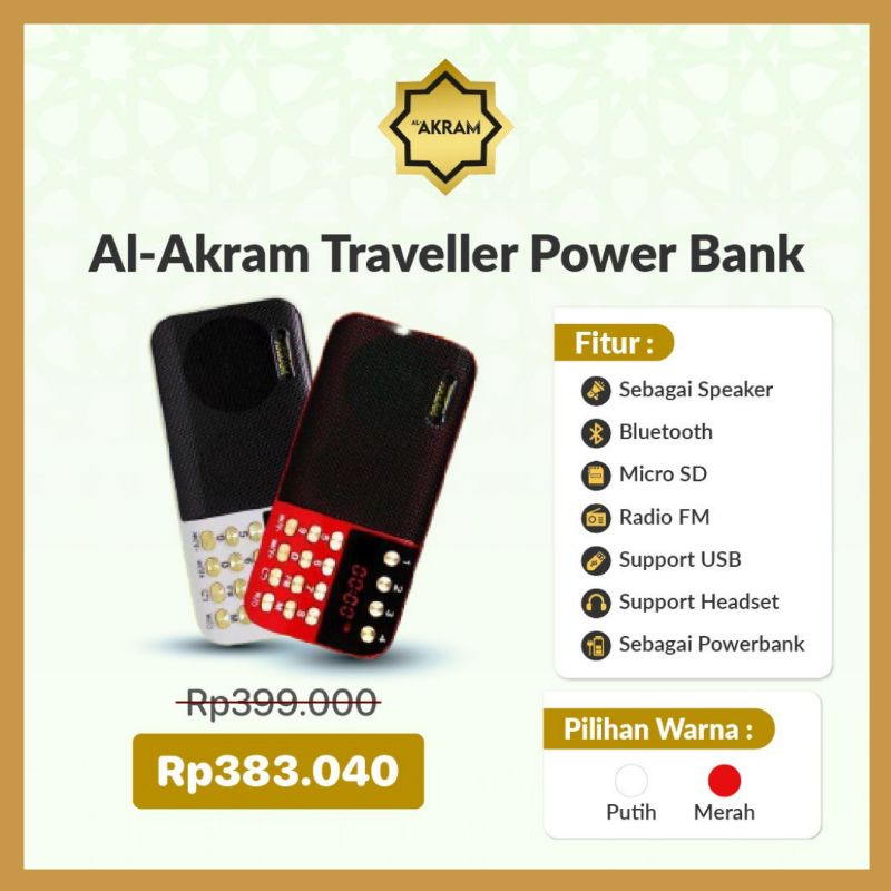 Speaker Quran Al Akram Traveller Plus Powerbank | Speaker Murottal Alquran Lengkap 30 Juz Memori V-G