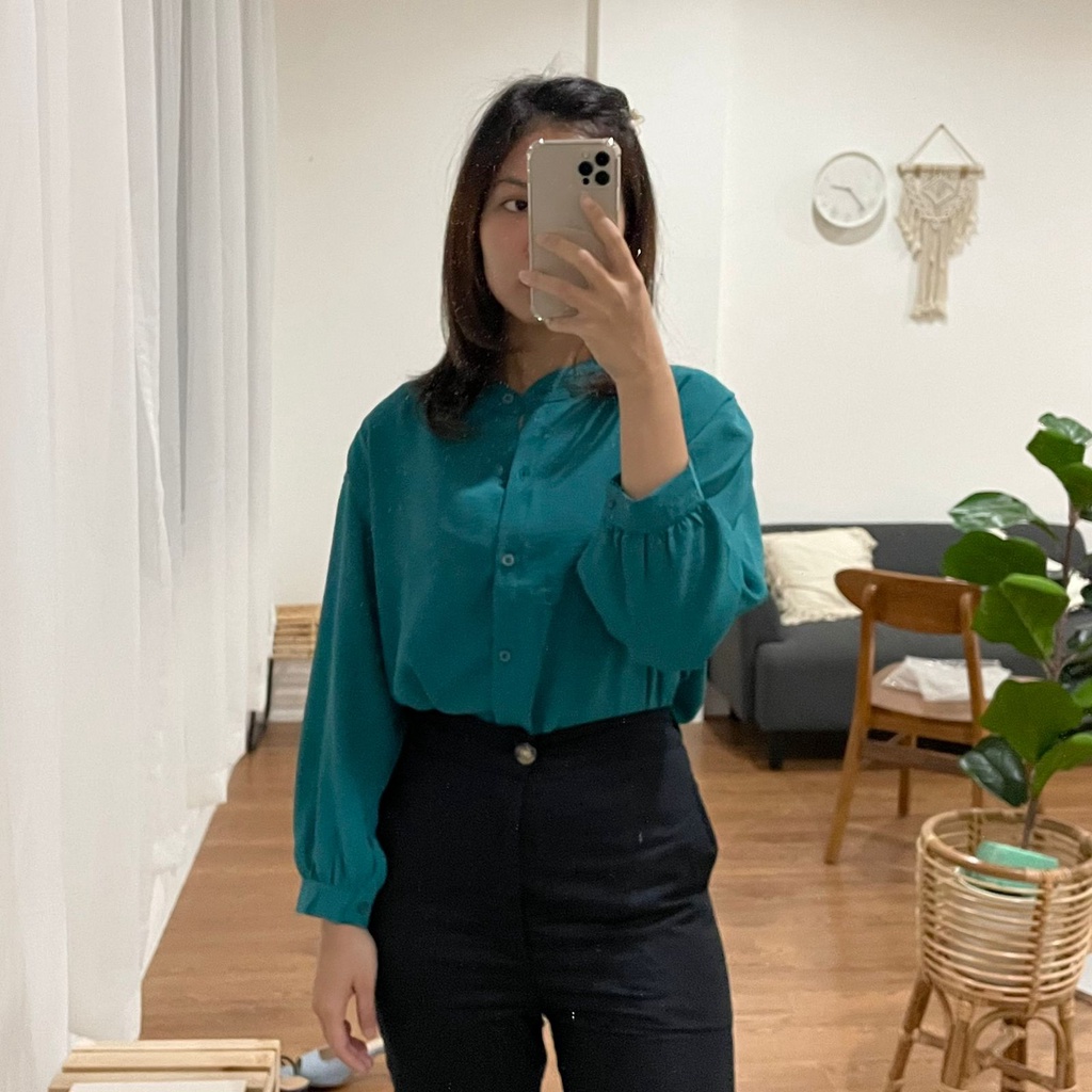 MSMO River Blouse Oneck Longsleeve / Blouse Wanita / Kemeja Kantor / Kemeja Crinkle / Kemeja Lengan Panjang-Turquoise