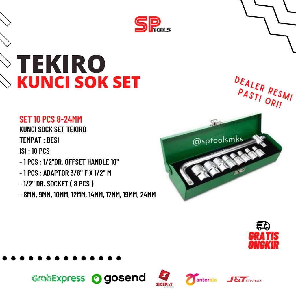 KUNCI SOCK SOK SHOCK SET 10PCS 8-24MM 1/2" SEGI 12PT / KUNCI SOK TEKIRO BOX BESI / KUNCI SOCK SET 10