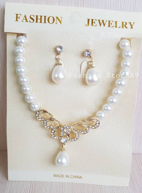 Set kalung fashion mutiara set anting kalung fashion import butiran mutiara putih