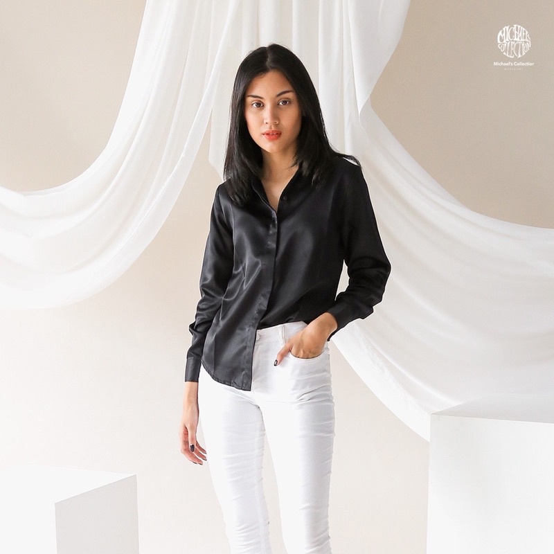 lookatmeofficial • Catchy Satin Shirt - Kemeja Basic Satin Wanita - Kemeja Silky Glossy Wanita