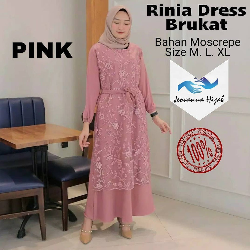 RINIA Pakaian Wanita Baju Gamis Terbaru Ukuran Jumbo Bahan Moscrepe-PINK