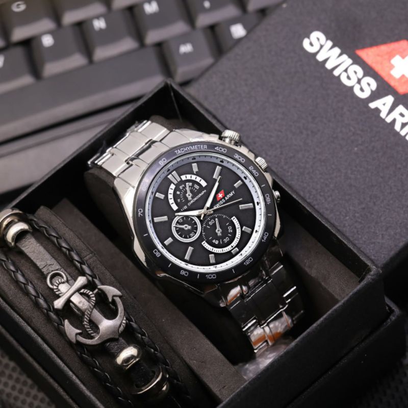 Jam Tangan Pria Cowok/Jam Tangan Fashion Murah Pria Sws Arm LS 6039 Rantai Stainless Free Gelang Jan