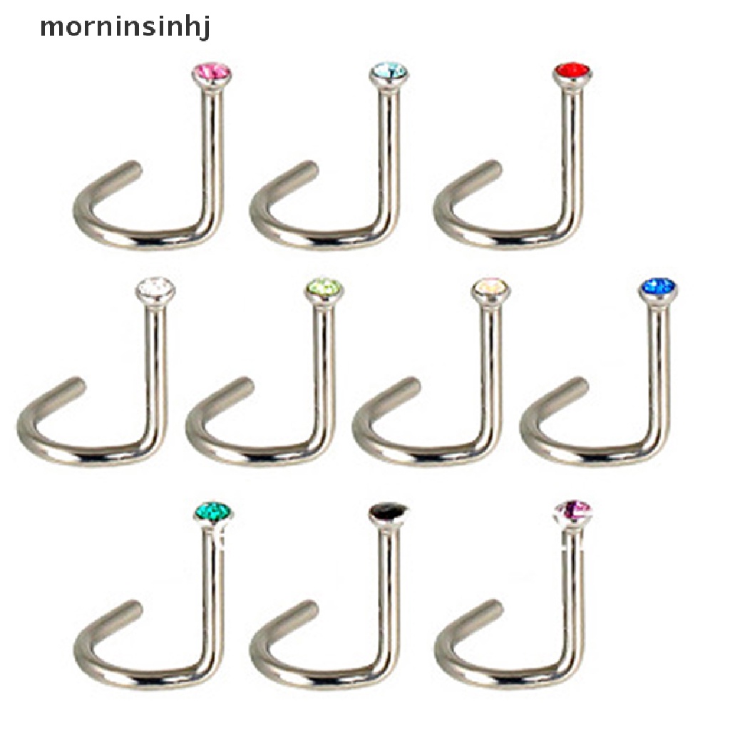 Mornin 10pcs Anting Tindik Hidung Bahan Stainless Steel Hias Kristal