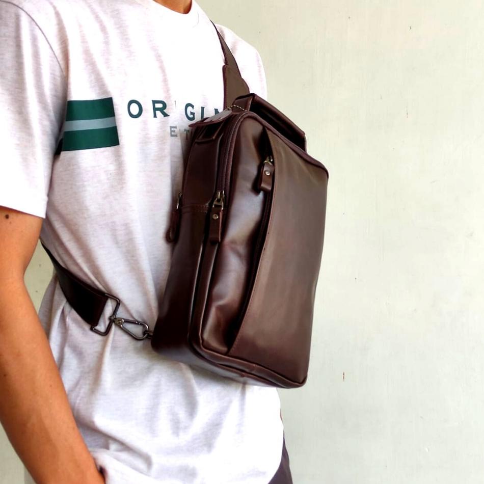 Big Sale.. Tas Selempang Kulit Waist Bag Pria Laki Cowok Asli Kulit Sapi Premium Dengan Motif Buaya 