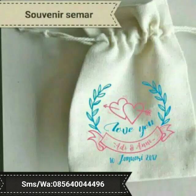 

Souvenir kantong serut / souvenir blacu uk. 15x10+ sablon 2 warna 1 sisi