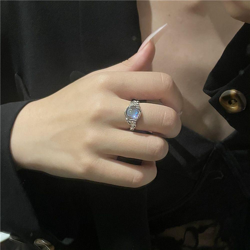 Mxbeauty Wanita Cincin Trendi Ringan Mewah Sederhana Opal Berlian Imitasi Tembaga Zirkon Moonstone Kristal Perempuan Terbuka Ring