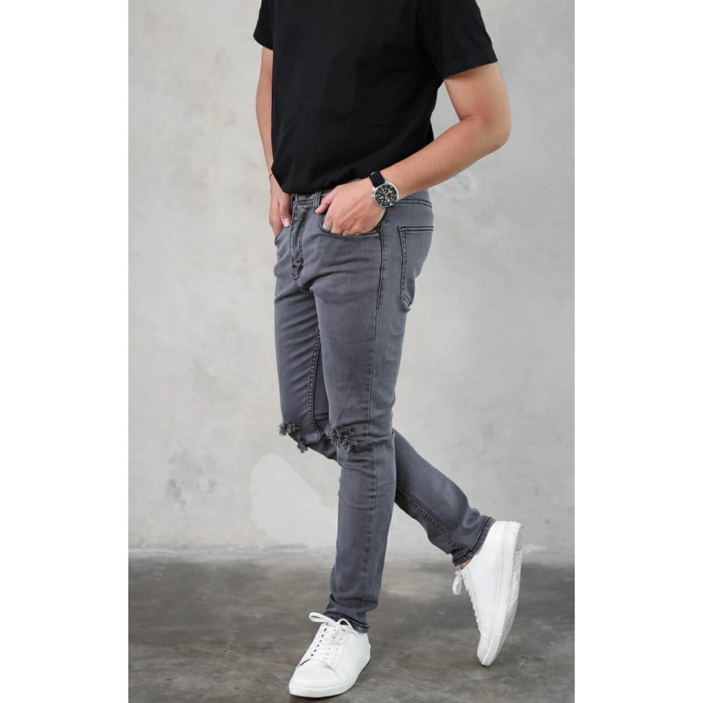 Celana Jeans Pria Sobek Lutut Slimfit Ripped Denim Pensil Softjeans Stretch Skinny Size 27-38