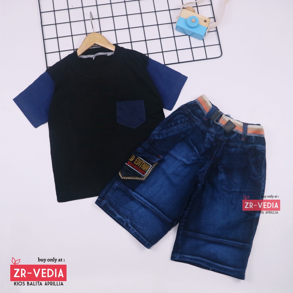 Setelan John Ethes uk 3-4 Tahun /  One Set Lengan Pendek Anak Laki-Laki Celana Jeans Kantong Baju Oblong