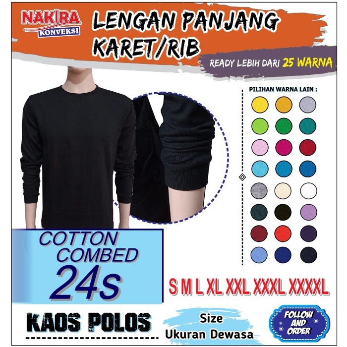 pria-kaos- kaos polos panjang lengan karet / manset rib / cotton combed 24s asli - putih, s -kaos-