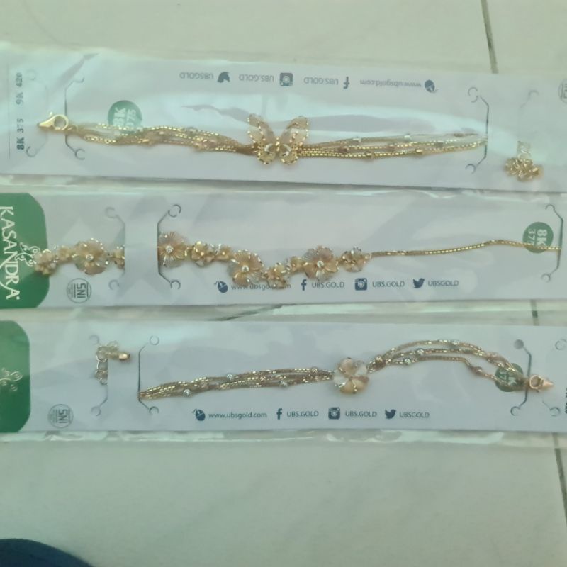 Gelang serut 3 warna kupu dan bunga UBS kadar 8K 375