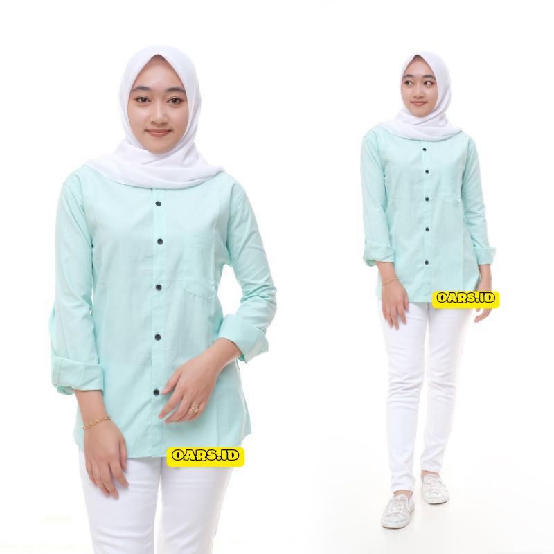 Pakaian wanita kemeja polos lengan panjang tosca putih softblue M L XL