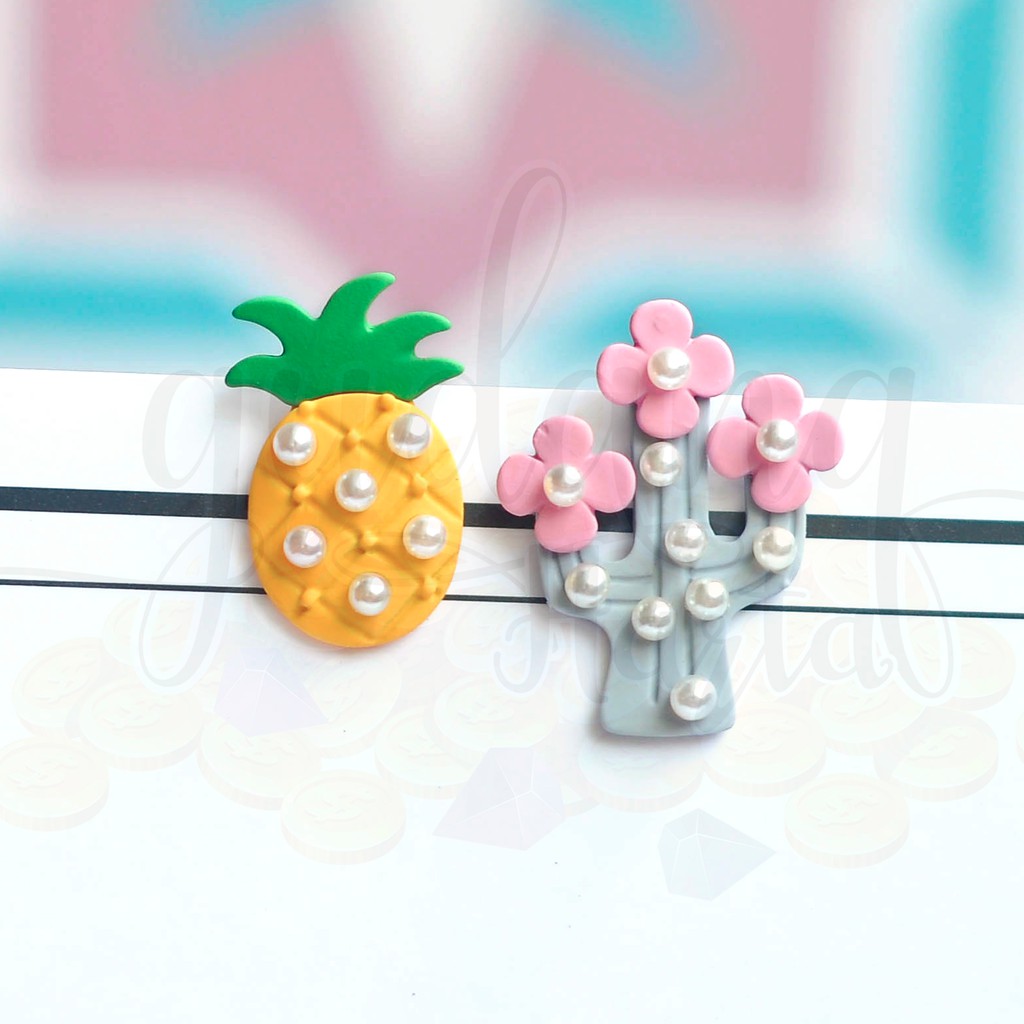 Anting Stud Pineapple And Cactus With Pearl Nanas Kaktus Mutiara GH 203606