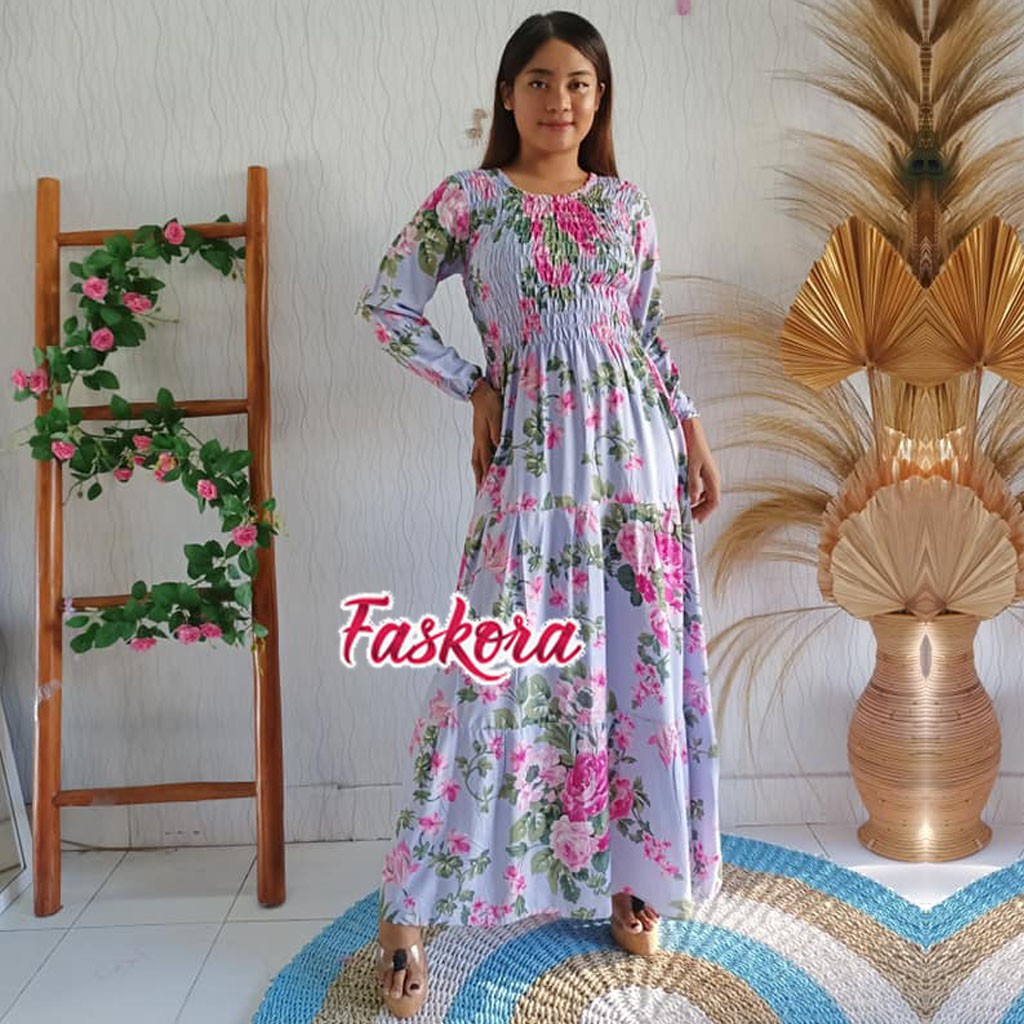 Dress Muslim Wanita Model Terbaru Untuk Remaja / Gamis Jumbo Motif Bunga / Dress Lengan Panjang