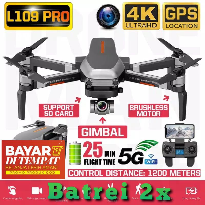 COD drone gps murah lipat L109 pro 2axis gimbal kamera 4k bonus tas