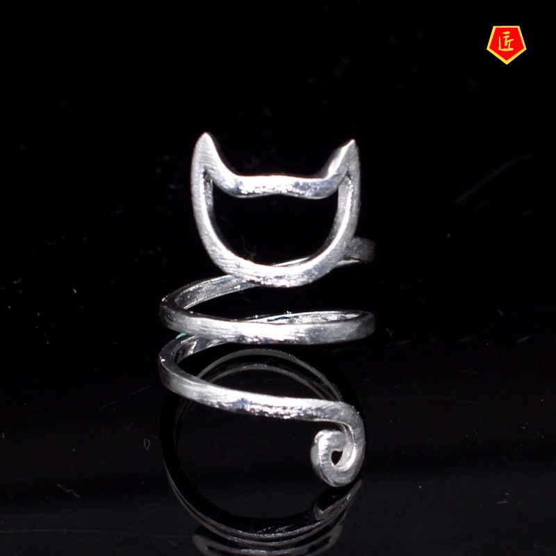 [Ready Stock]Original Design 925 Silver Personality Winding Brushed Cute Cat Ring