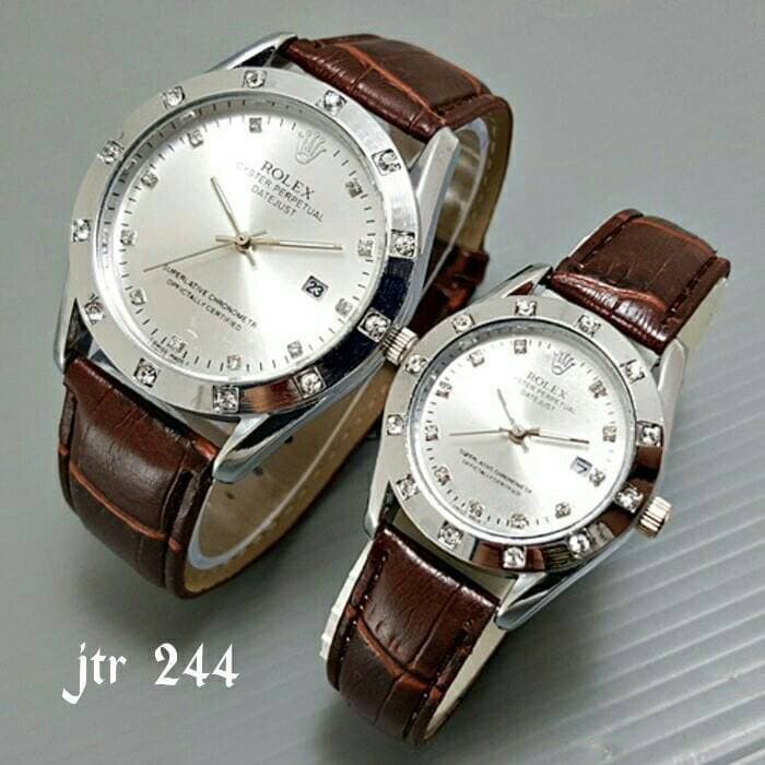 Jam Tangan Pria Wanita Couple Rolex Tanggal Tali Kulit Buruan
