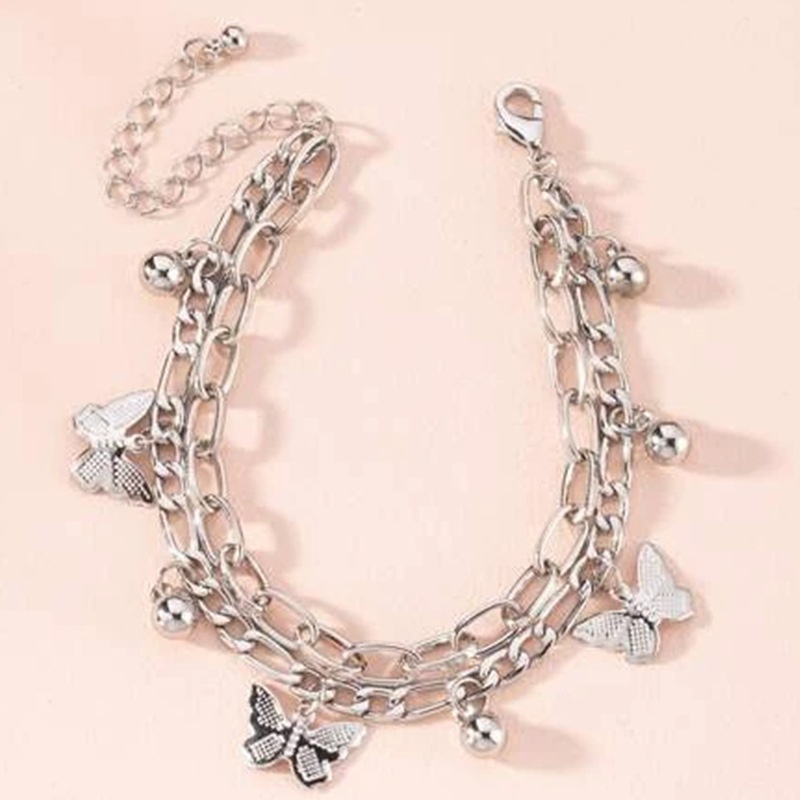 Butterfly Gelang Manik-Manik Aksen Kupu-Kupu Rumbai Ganda Bahan Stainless Steel Gaya Hip Hop Untuk Wanita