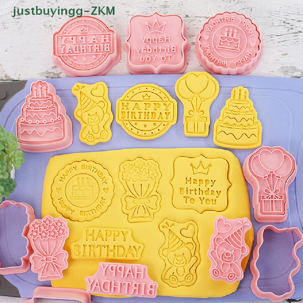 8pcs Cetakan Pemotong Kue Kering Biskuit 3D Bahan Plastik Dapat Ditekan Tema Ulang Tahun