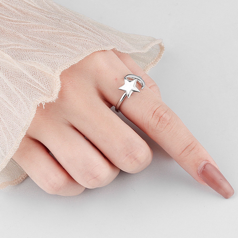 Cincin Model Terbuka Desain Matahari Bulan Bintang Warna Emas Perak Anti Stress Dapat Disesuaikan Untuk Wanita