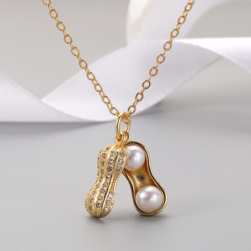 Kalung Rantai dengan Mutiara Bentuk Peanut Warna Gold  Silver Bahan Alloy Untuk Wanita