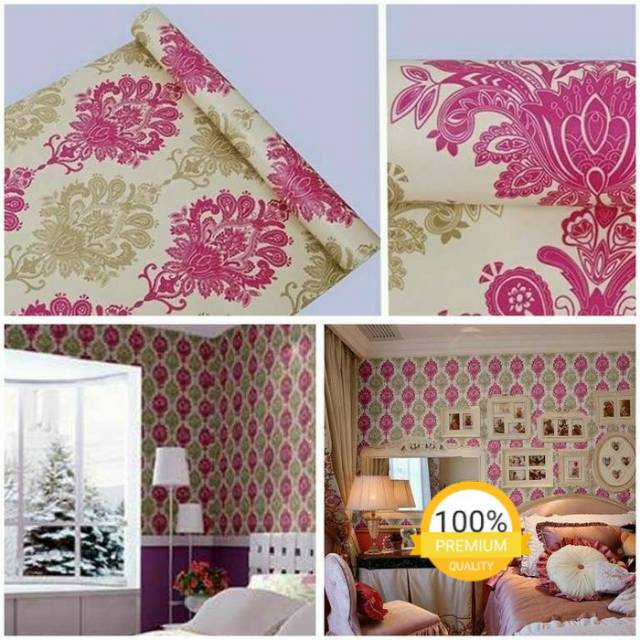Wallpaper Sticker Dinding Motif Batik Pink Gold/Emas