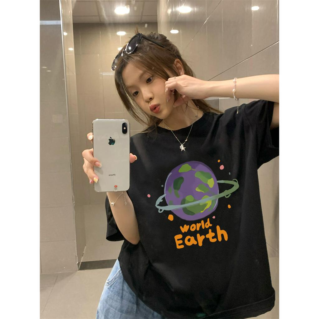 EUNII T-shirt Lengan Pendek Cartoon Earth World Korean Style/Kaos Atasan Wanita/Baju Kaus Oversize Wanita/Kaos Wanita