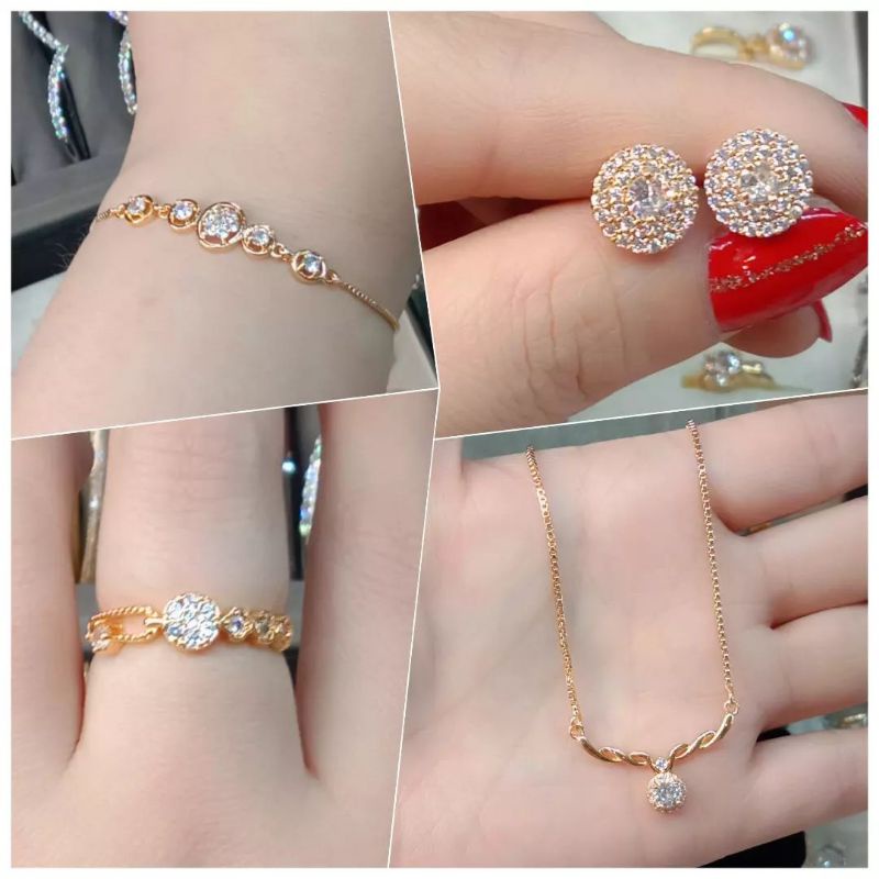 Satu Set Perhiasan Titanium Isi 4, MEWAH &amp; ELEGAN, Kalung, Anting, Cincin, dan Gelang wanita Anti Karat, Anti Alergi, Tahan lama, JAMIN 100% Kualitasnya, JAMIN REAL PIC, COD Gratis Ongkir, Set Perhiasan Bunga