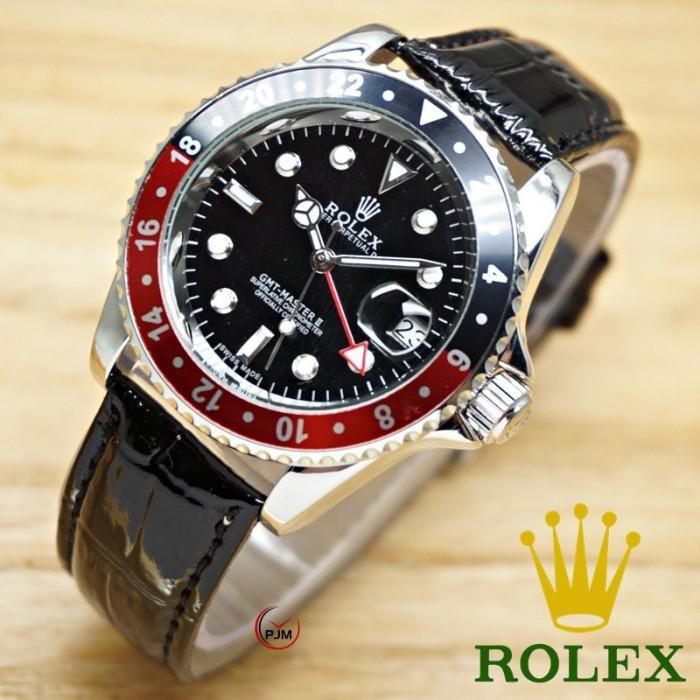 Dijual Jam Tangan Pria Rolex GMT Automatic Kulit Lis Hitam Merah Bergaransi