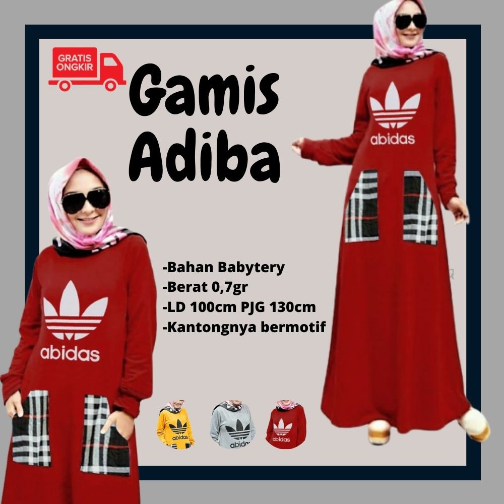 BAJU GAMIS BRUKAT MUSLIM CEWEK WANITA ADIDAS UNTUK LEBARAN TERBARU WARNA MERAH ABU-ABU DAN KUNING