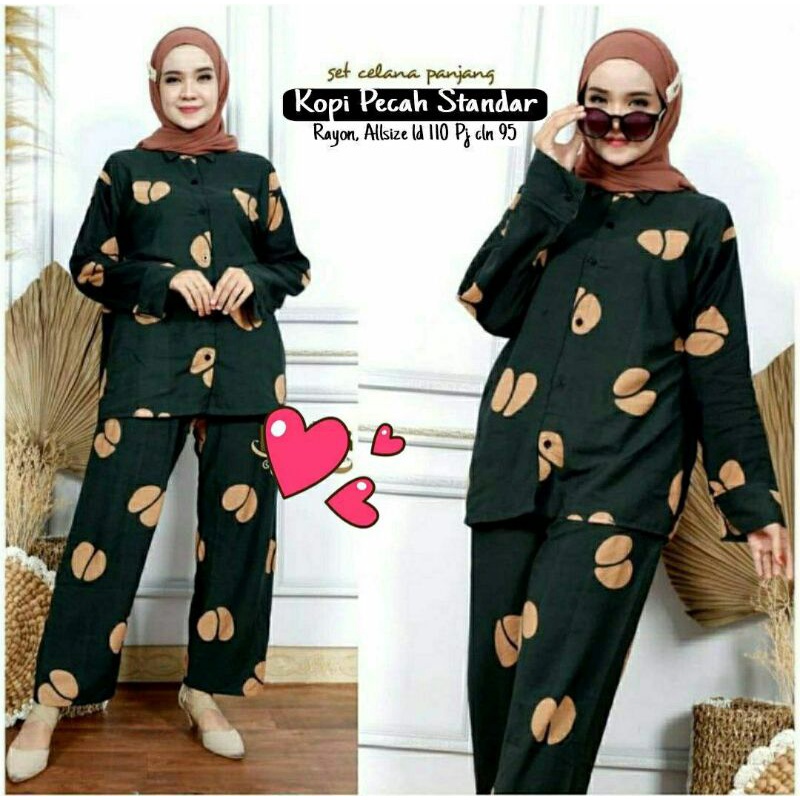 Setelan lengan panjang wanita motif kopi pecah | setelan new motif