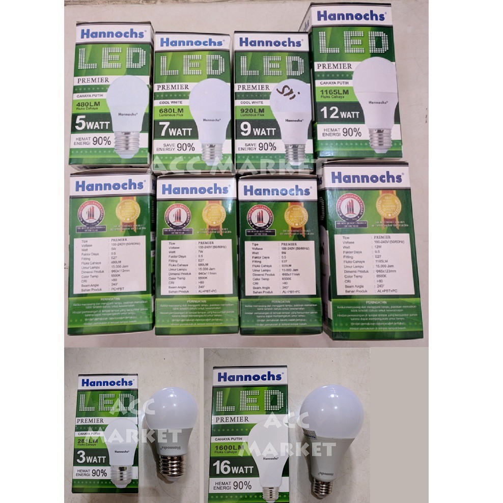 Lampu LED HANNOCHS Putih SATUAN 3 5 7 9 12 16 Watt Bohlam