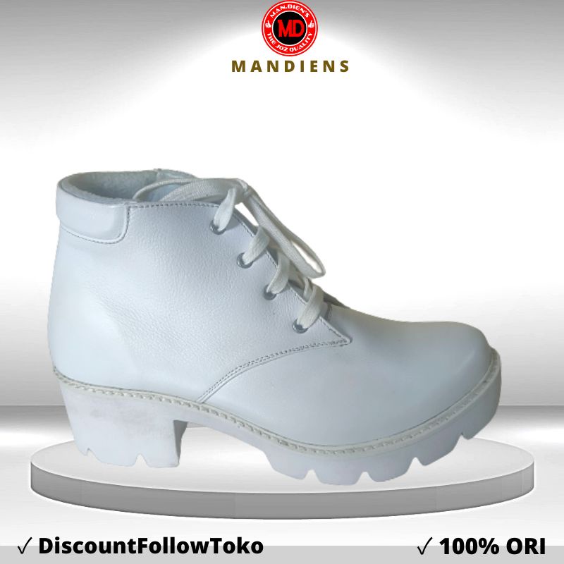 MANDIENS Sepatu Boots Wanita Kulit Asli Putih Keren Berkualitas Branded Model PDH Wanita Boots Resleting dan Boots Tali