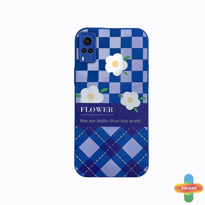 Case Samsung A32 A52 A12 A51 A03S A10S A50 A20S J7 Prime A02S A20 A72 A50S A10 A30S A52S A30 M12 M10 M01S A54 A15 A16 A9 A5 Y12 Y20 A12 Klein Blue Plaid White Flower Anti-fall Case